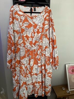 Women’s Orange Floral Midi Dress - Unbranded